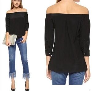 Theory Joscla Silk Off-Shoulder Blouse M Black Chiffon Puff Sleeve Top